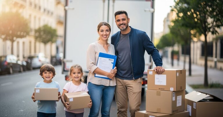 Famille avec enfants devant un camion de déménagement, dossier d aide CAF en main
