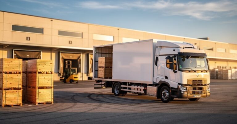 Camion de messagerie chargeant des palettes dans un entrepot logistique