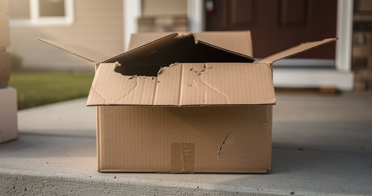 Carton de livraison vide et endommagé posé devant une porte