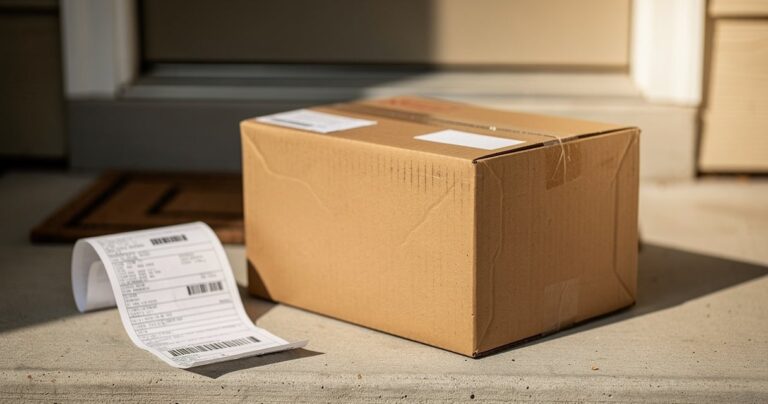 Colis Colissimo posé devant une porte avec un bordereau de suivi