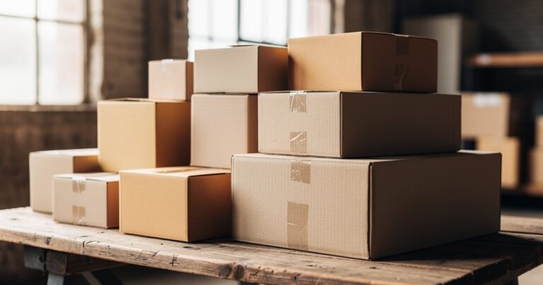Pile de colis de différentes tailles sur une table en bois dans un entrepôt
