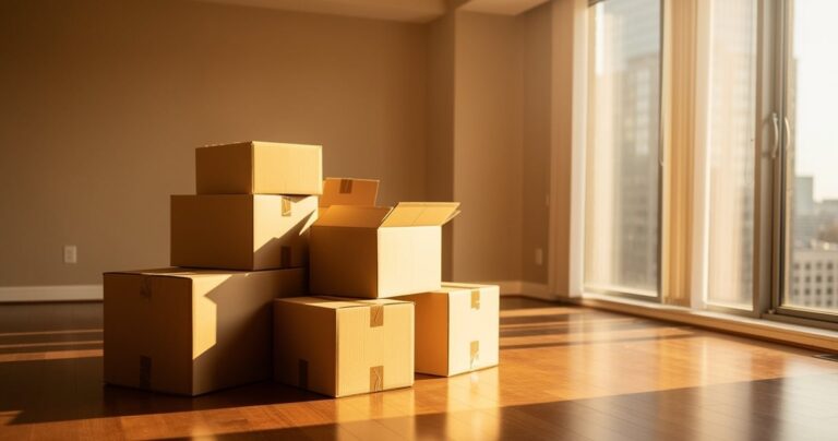 Cartons de déménagement empilés dans un appartement vide et lumineux