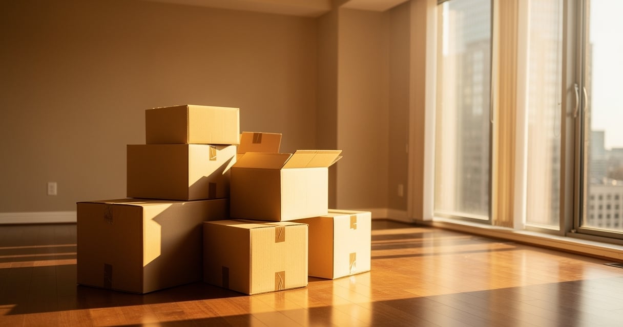 Cartons de déménagement empilés dans un appartement vide et lumineux
