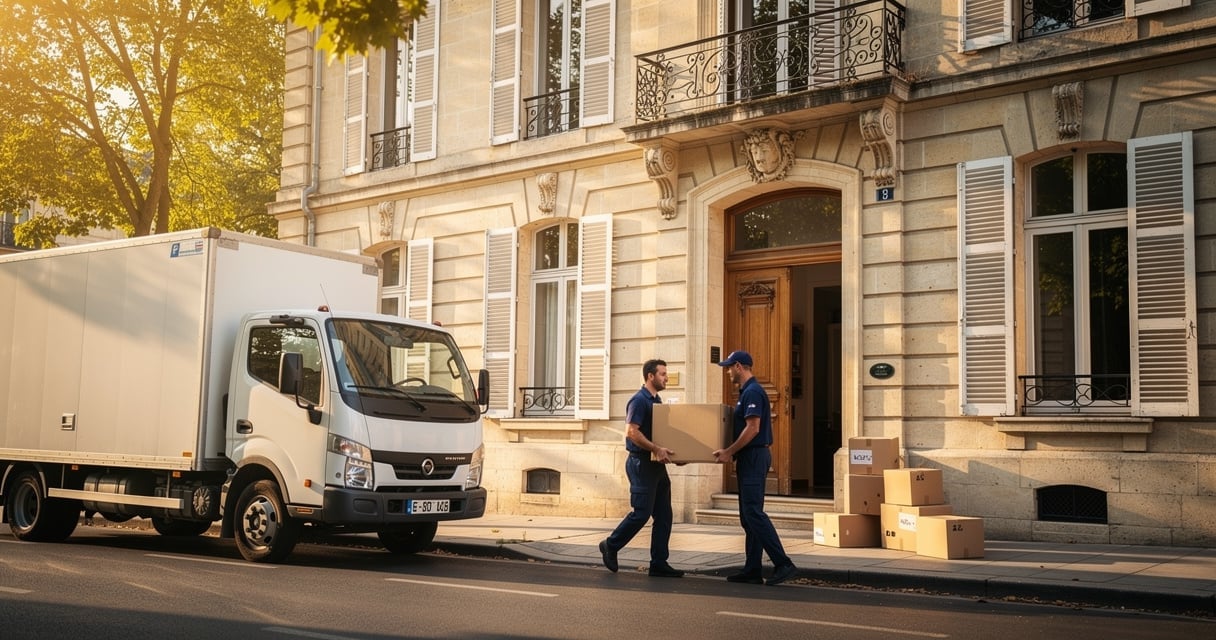 Camion de déménagement devant un immeuble bordelais en pierre de taille