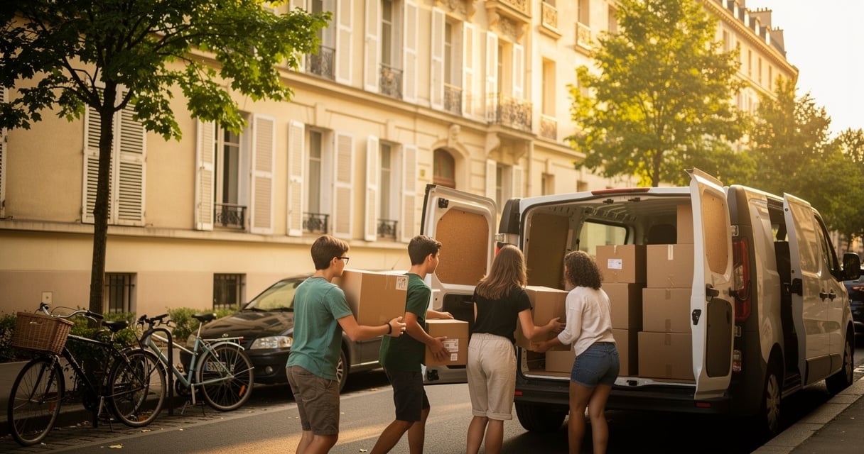Étudiants chargeant des cartons dans un camion de location devant un immeuble