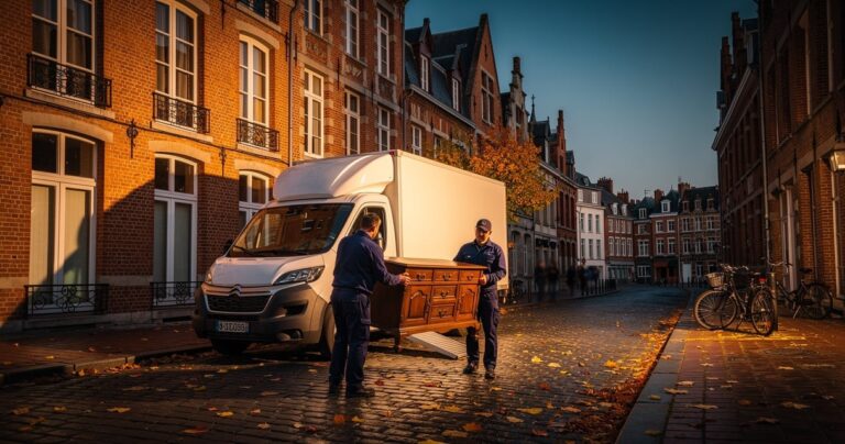 Camion de déménagement devant une façade en briques rouges du Vieux-Lille