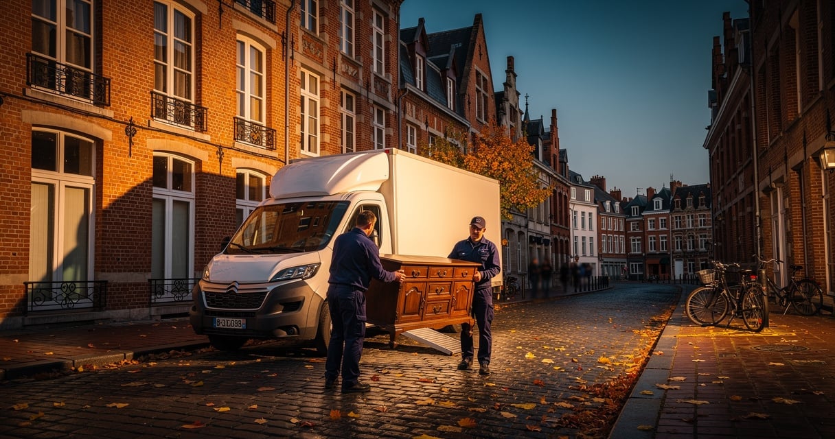 Camion de déménagement devant une façade en briques rouges du Vieux-Lille
