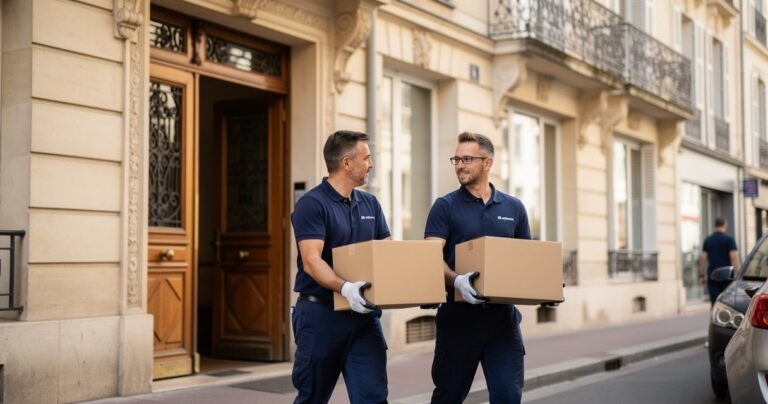 Deux déménageurs sortant des cartons d un immeuble ancien à Nantes