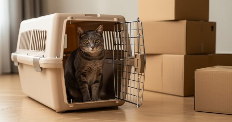 Chat tigré gris dans une caisse de transport beige posée près de cartons de déménagement