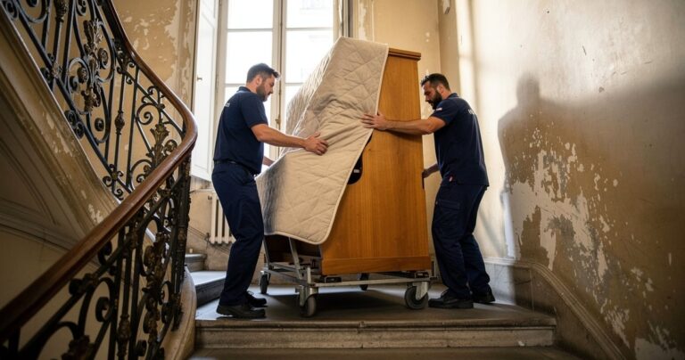 Deux demenageurs professionnels transportant un piano droit dans un escalier avec chariot specialise