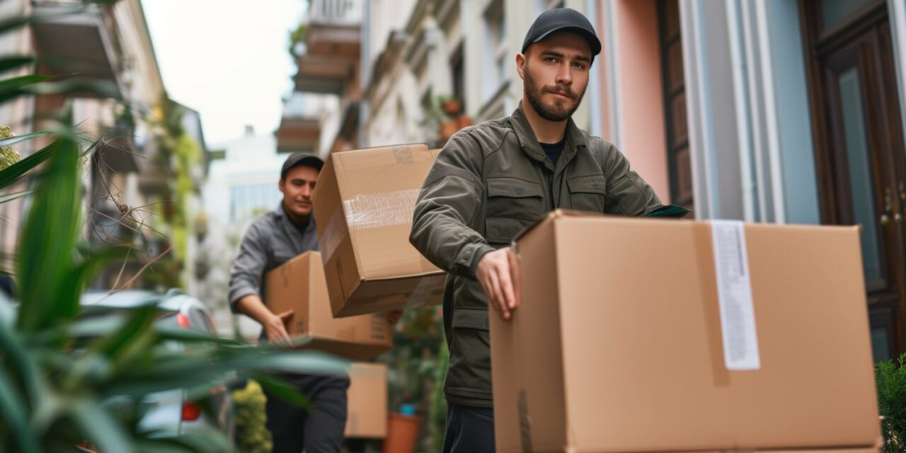 Des déménageurs internationaux emballent soigneusement des cartons dans un logement.