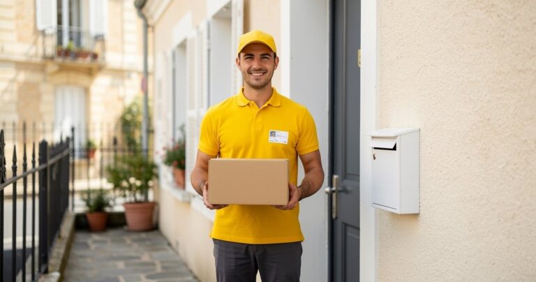 Livreur DHL remettant un colis devant une maison en France
