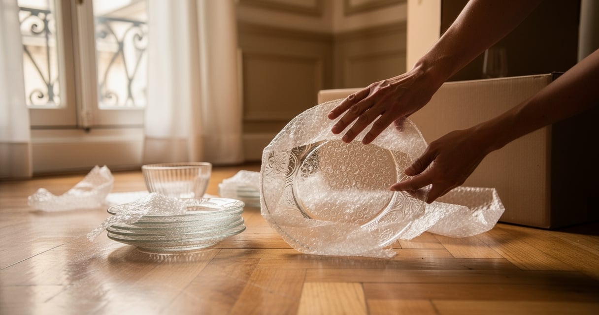 Emballage de vaisselle dans du papier bulle et cartons de déménagement