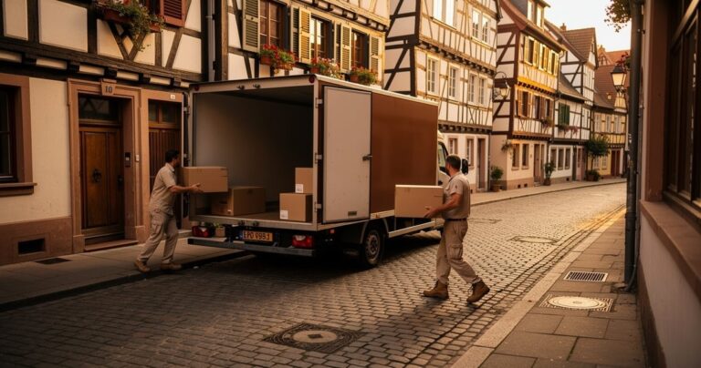 Déménageurs transportant des cartons dans une rue pavée de Strasbourg