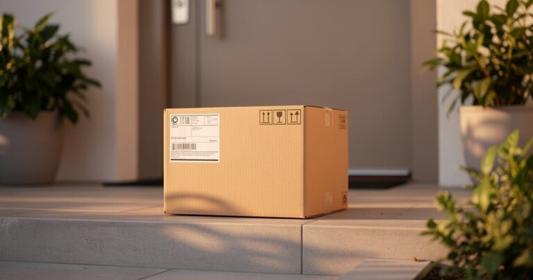 Colis TNT FedEx avec étiquette de suivi déposé sur un pas de porte